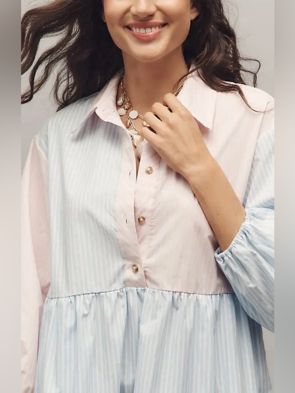Anthropologie Bettina Striped Tiered Mini Shirt Dress in Blue & Pink Stripe - Picture 2 of 4